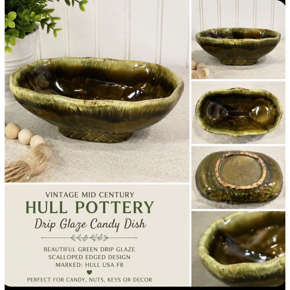 Vtg Mid Century Green Drip Hull Pottery Scalloped Edged Candy Dish F8